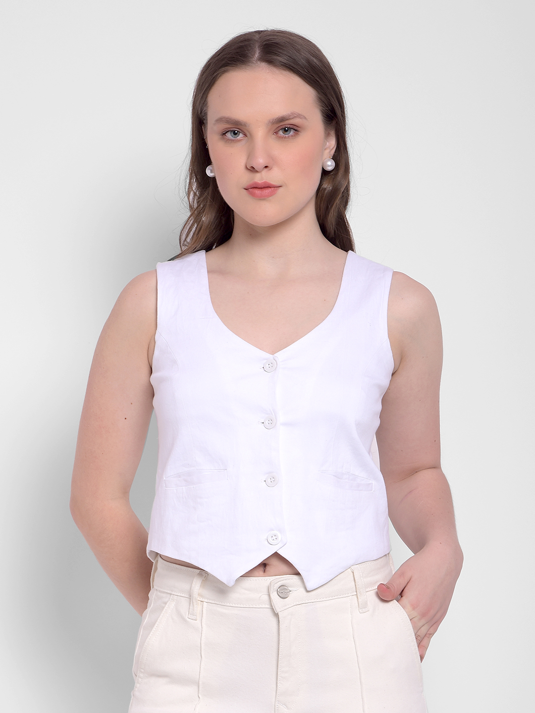 Numero Uno Women White Sleeveless Buttoned Vest